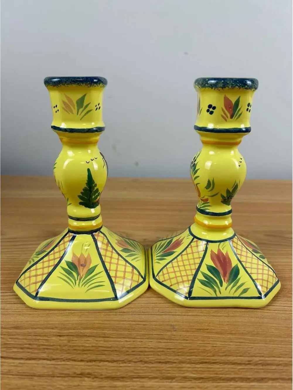 Henriot Quimper French Art Pottery Soleil Yellow Floral Candlestick Pair